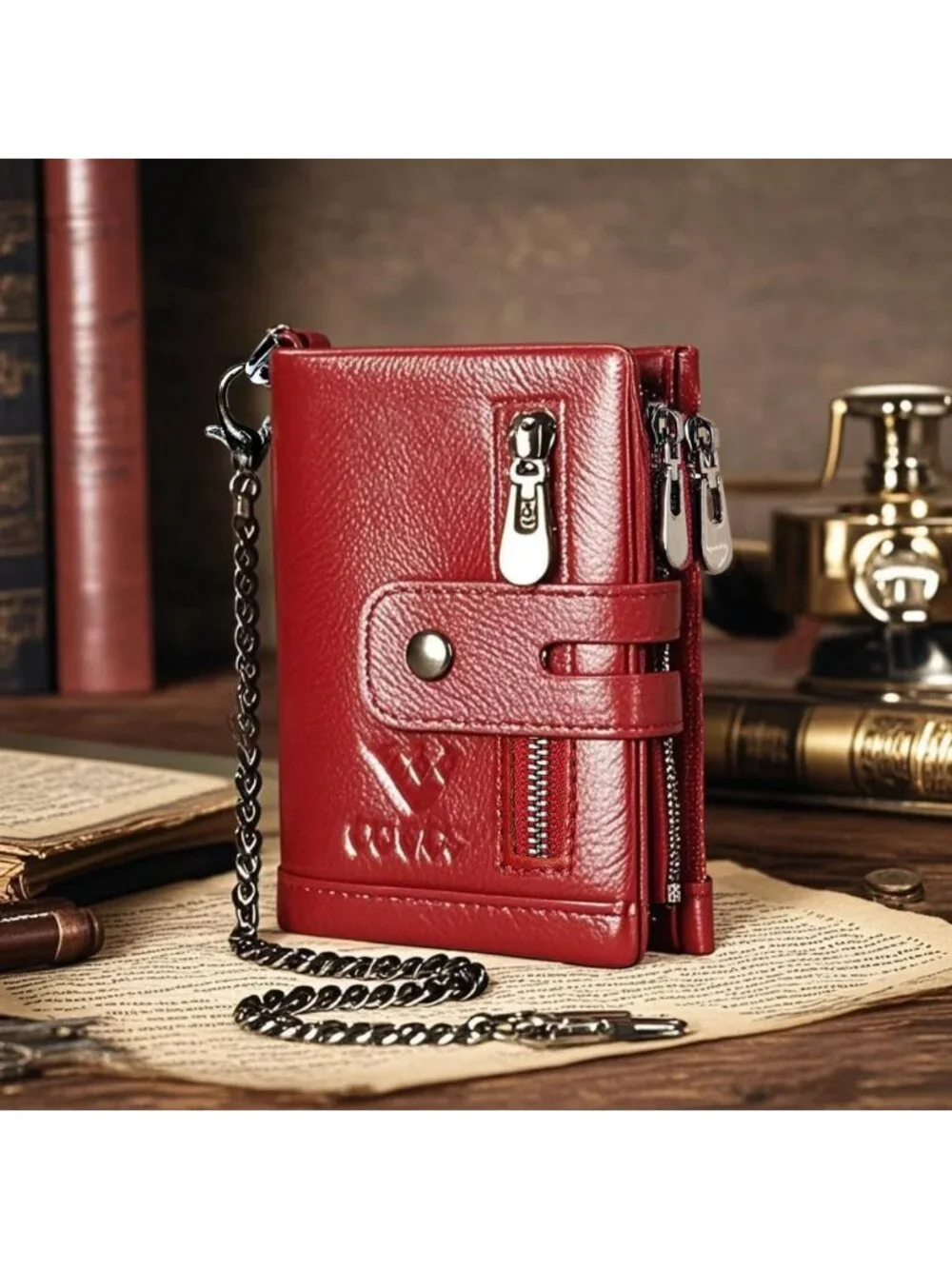 Genuine Leather Anti-Theft Wallet for Men with RFID, Chain, ID Window & Coin